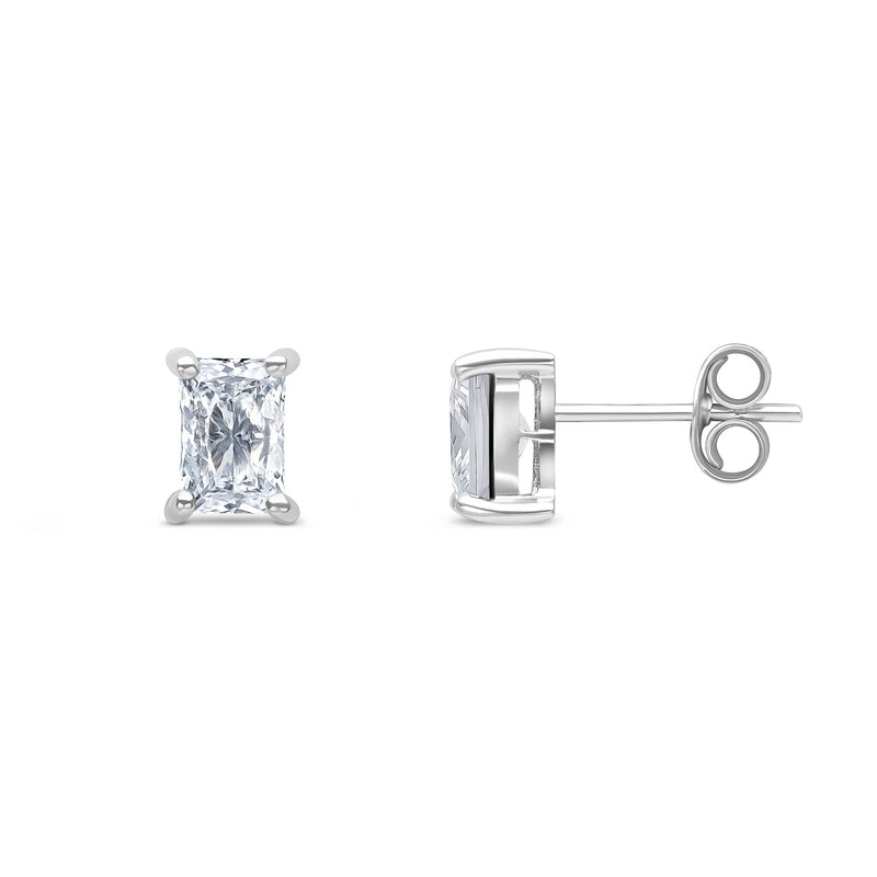 9ct White Gold Octagon Emerald Cut Cubic Zirconia CZ Claw Stud Earrings — 6x4mm