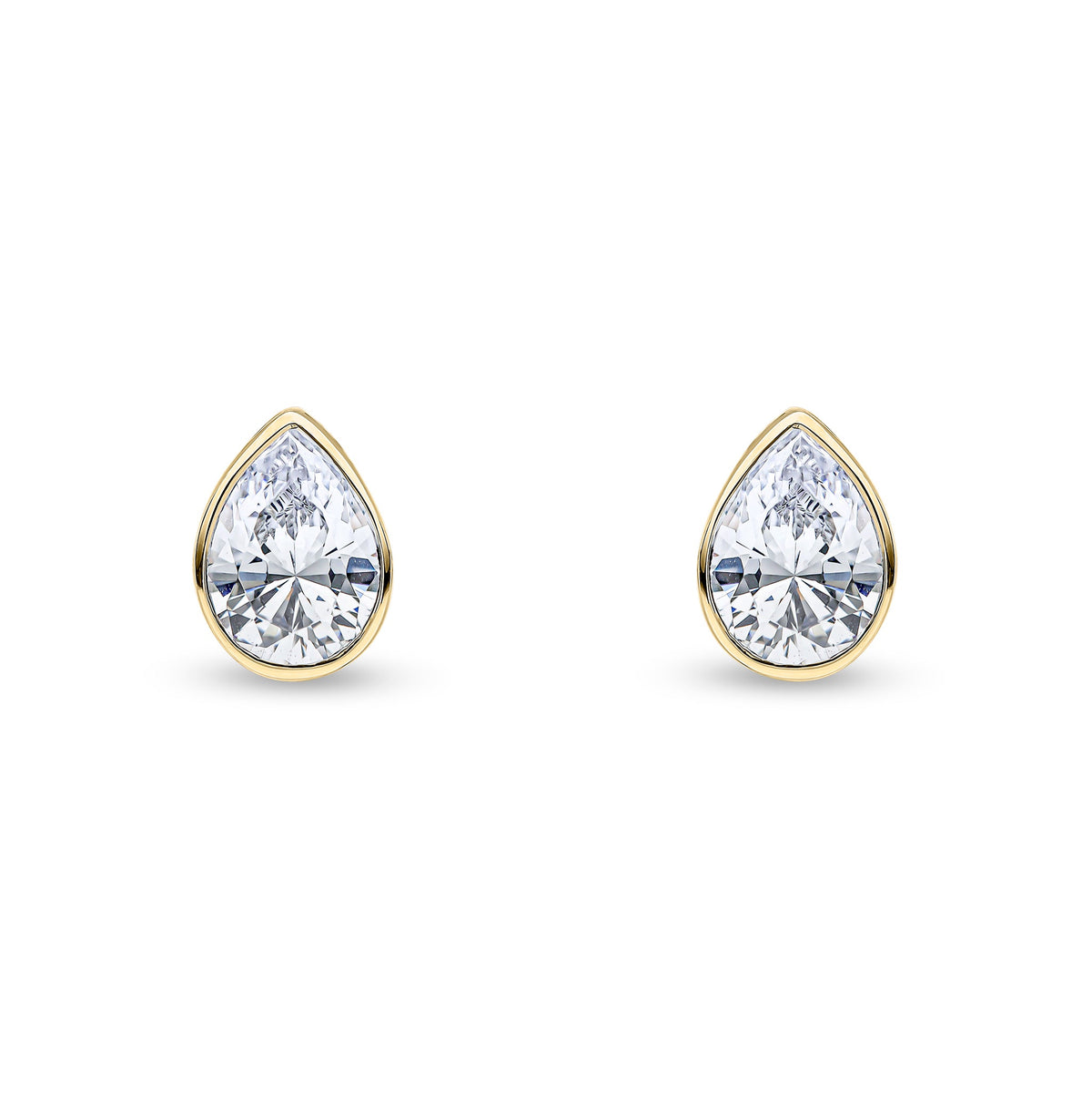 9ct Yellow Gold Pear Shaped Cubic Zirconia CZ Rubover Stud Earrings — 7x5mm
