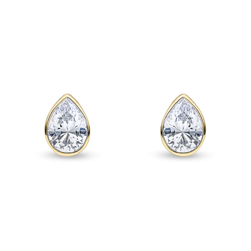 9ct Yellow Gold Pear Shaped Cubic Zirconia CZ Rubover Stud Earrings — 7x5mm