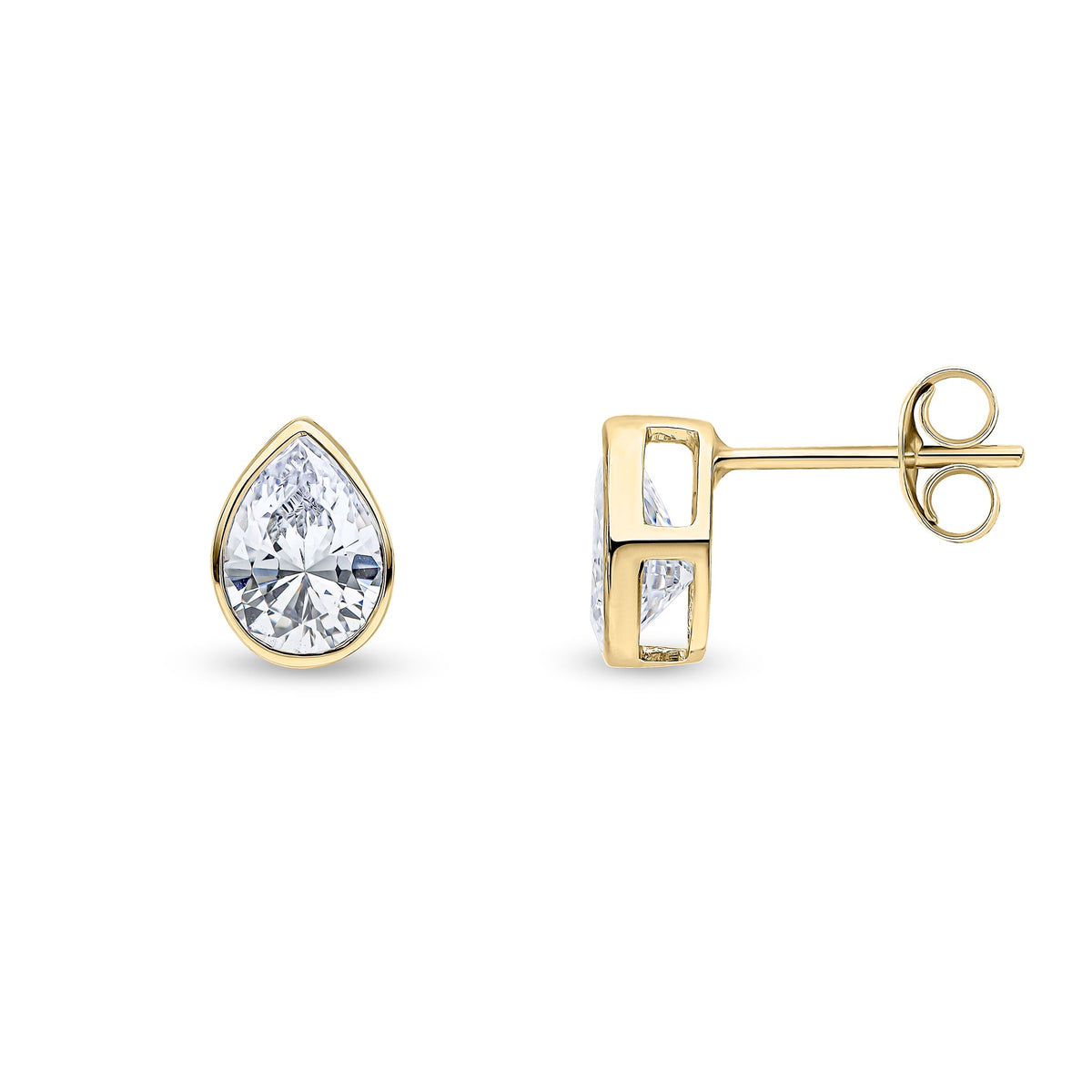 9ct Yellow Gold Pear Shaped Cubic Zirconia CZ Rubover Stud Earrings — 7x5mm