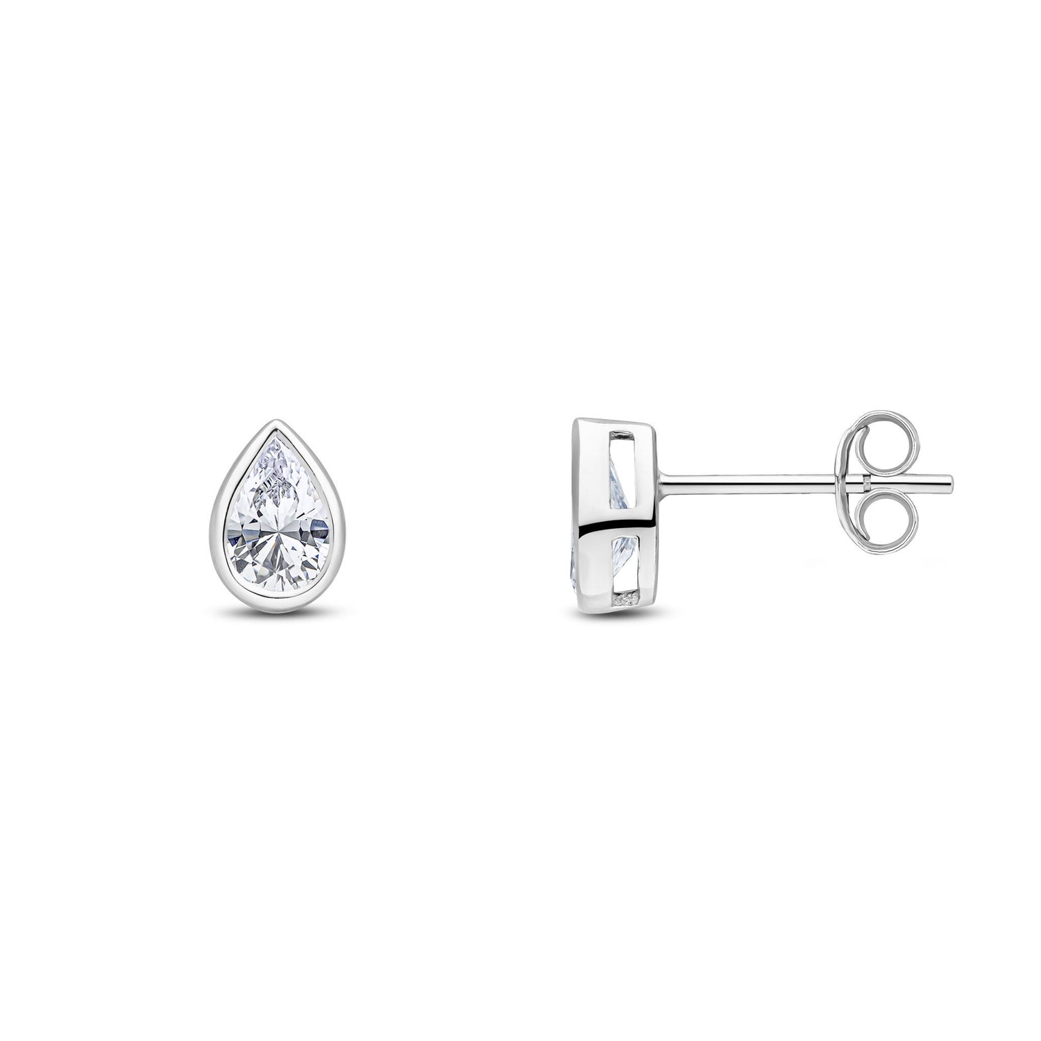 9ct White Gold Pear Shaped Cubic Zirconia Rubover Stud Earrings — 6x4mm