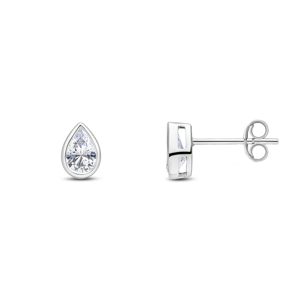 9ct White Gold Pear Shaped Cubic Zirconia CZ Rubover Stud Earrings — 6x4mm