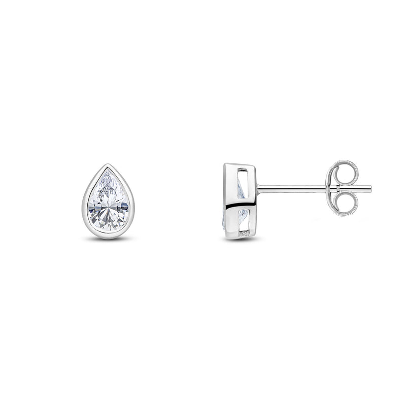 9ct White Gold Pear Shaped Cubic Zirconia CZ Rubover Stud Earrings — 6x4mm