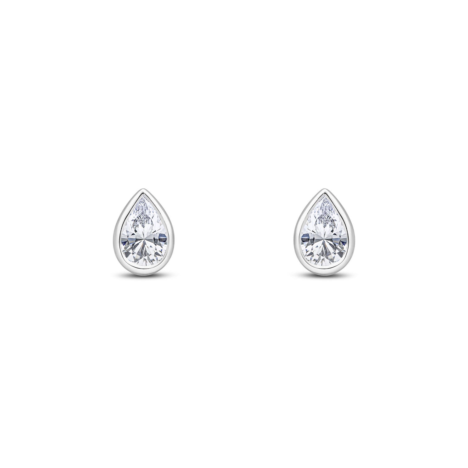 9ct White Gold Pear Shaped Cubic Zirconia Rubover Stud Earrings — 6x4mm