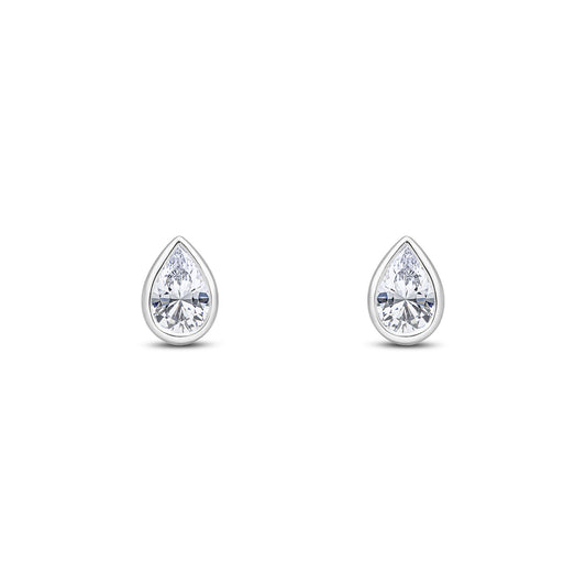 9ct White Gold Pear Shaped Cubic Zirconia Rubover Stud Earrings — 6x4mm