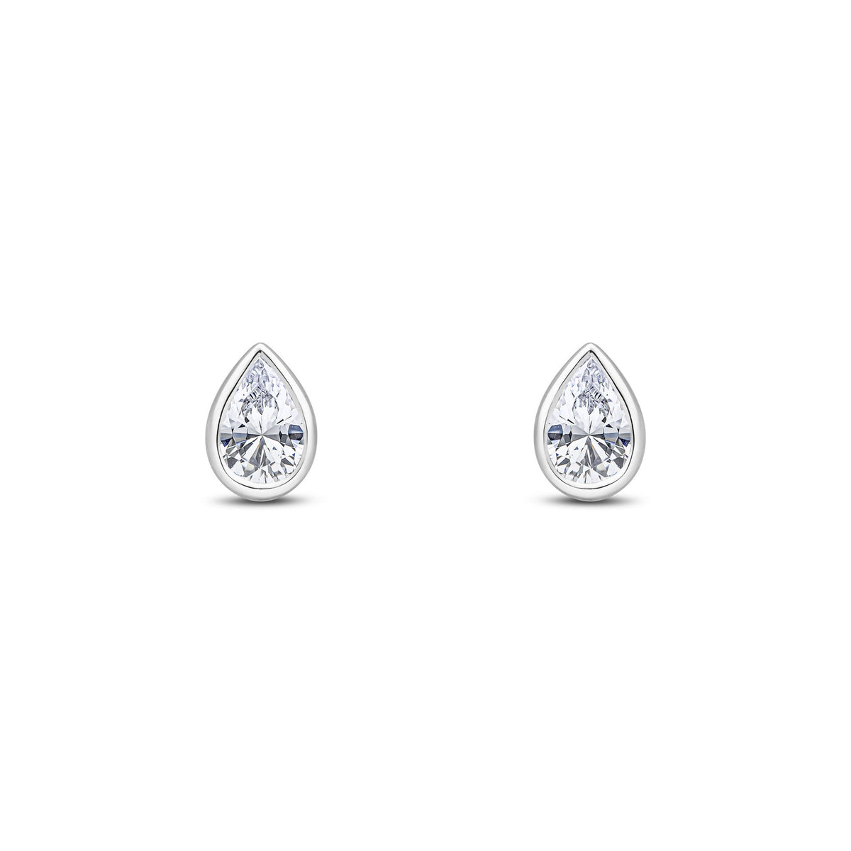 9ct White Gold Pear Shaped Cubic Zirconia CZ Rubover Stud Earrings — 6x4mm