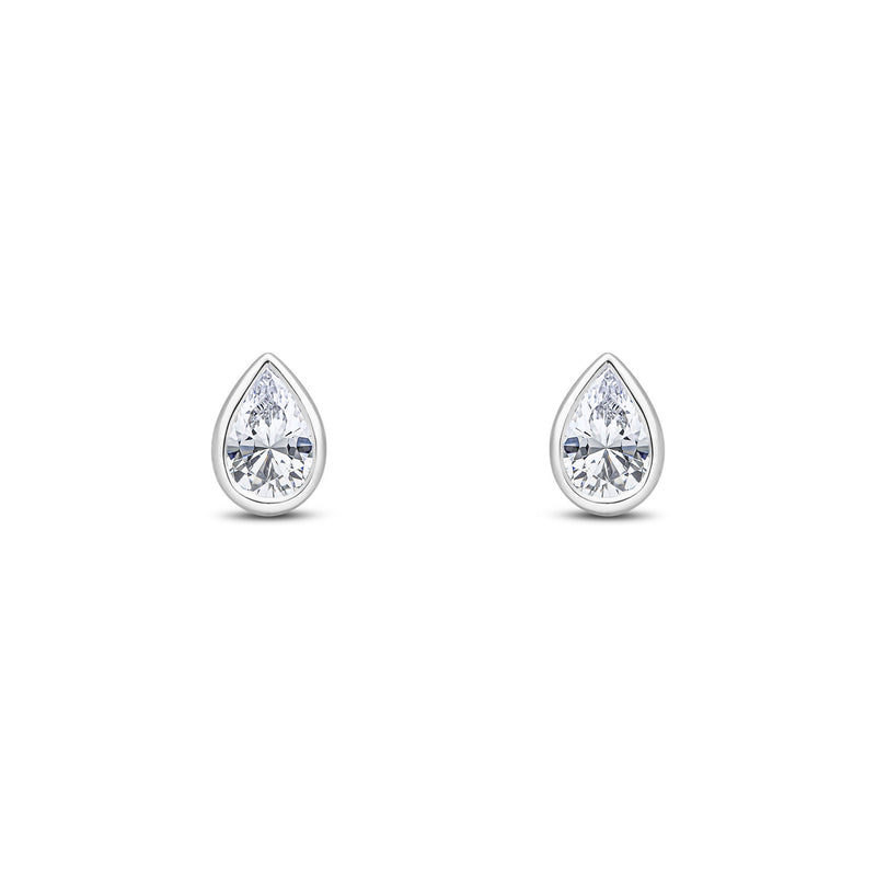 9ct White Gold Pear Shaped Cubic Zirconia CZ Rubover Stud Earrings — 6x4mm