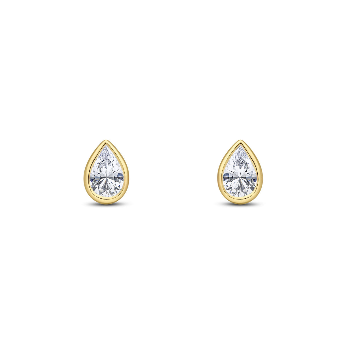 9ct Yellow Gold Pear Shaped Cubic Zirconia CZ Rubover Stud Earrings — 6x4mm