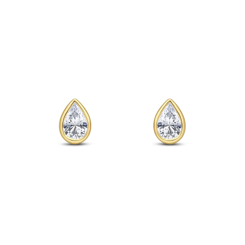 9ct Yellow Gold Pear Shaped Cubic Zirconia CZ Rubover Stud Earrings — 6x4mm