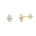 9ct Yellow Gold Pear Shaped Cubic Zirconia CZ Rubover Stud Earrings — 6x4mm