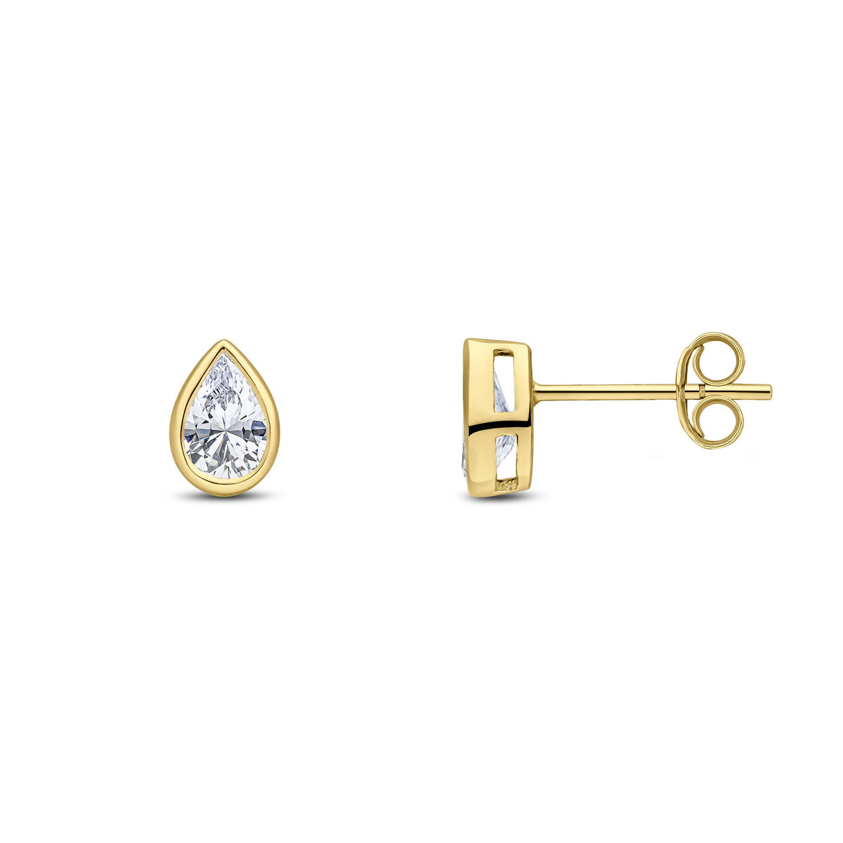 9ct Yellow Gold Pear Shaped Cubic Zirconia CZ Rubover Stud Earrings — 6x4mm