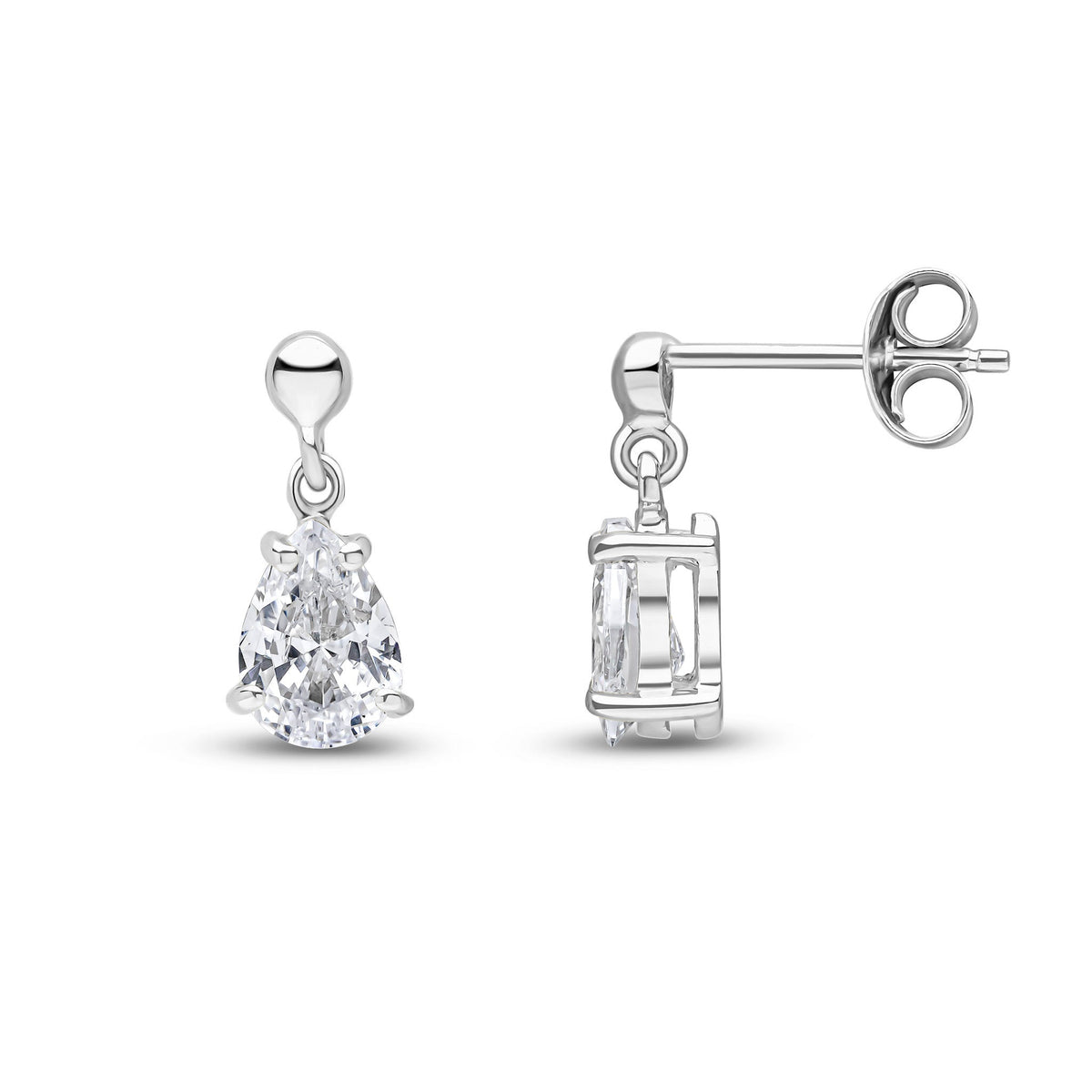 9ct White Gold Pear Shaped Cubic Zirconia CZ Claw Drop Earrings — 7x5mm