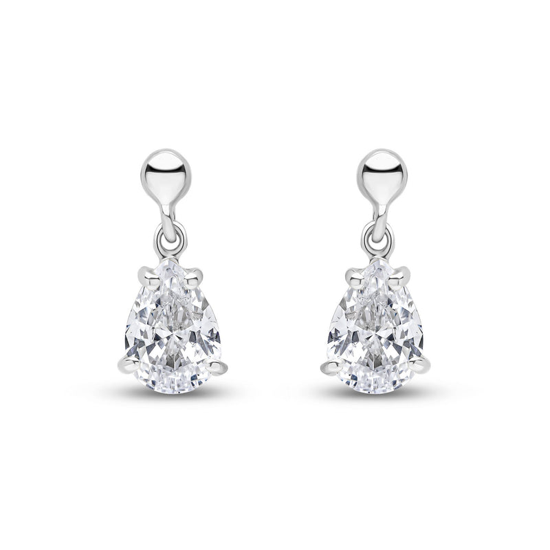 9ct White Gold Pear Shaped Cubic Zirconia CZ Claw Drop Earrings — 7x5mm