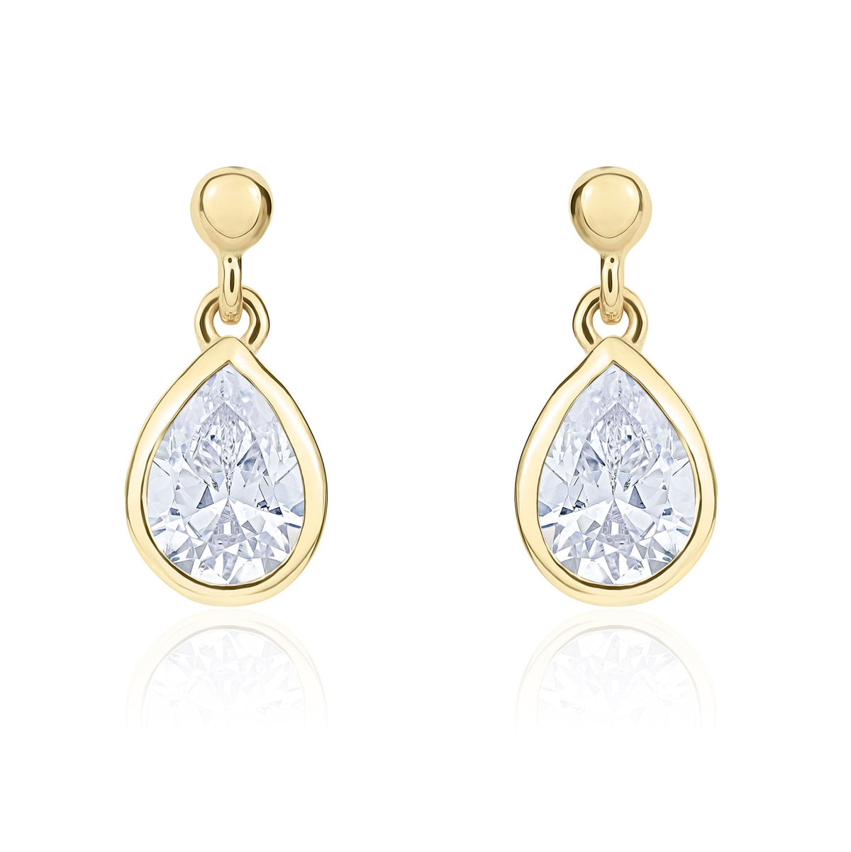 9ct Yellow Gold Pear Shaped Cubic Zirconia CZ Rubover Drop Earrings with 2.5mm Bead Top — 6x4mm