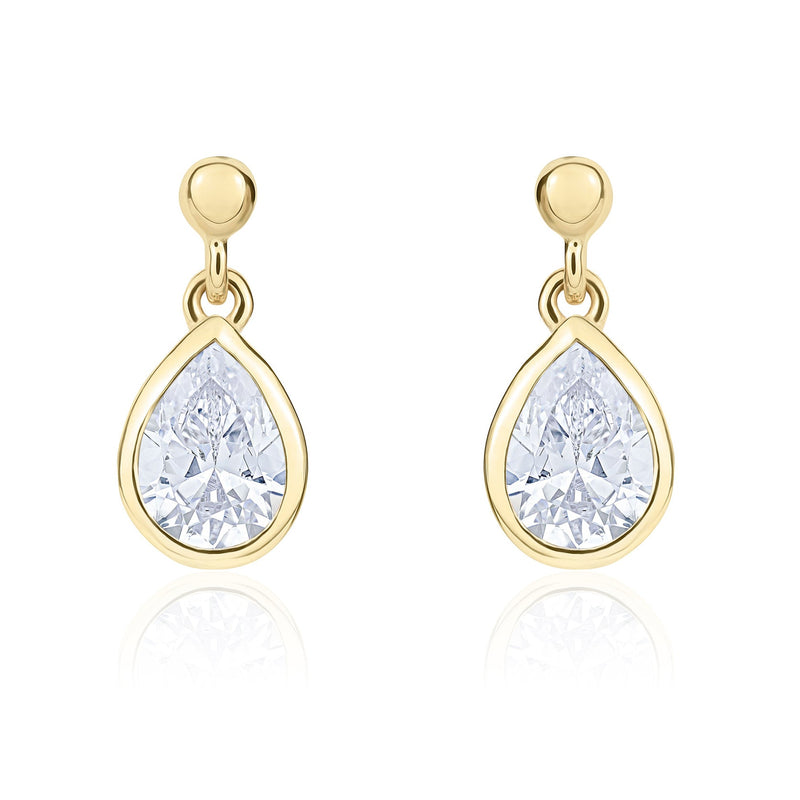9ct Yellow Gold Pear Shaped Cubic Zirconia CZ Rubover Drop Earrings with 2.5mm Bead Top — 6x4mm