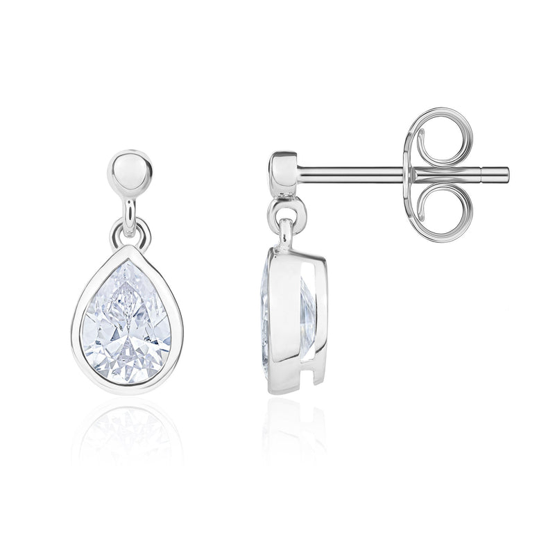9ct White Gold Pear Shaped Cubic Zirconia CZ Rubover Drop Earrings with 2.5mm Bead Top — 6x4mm
