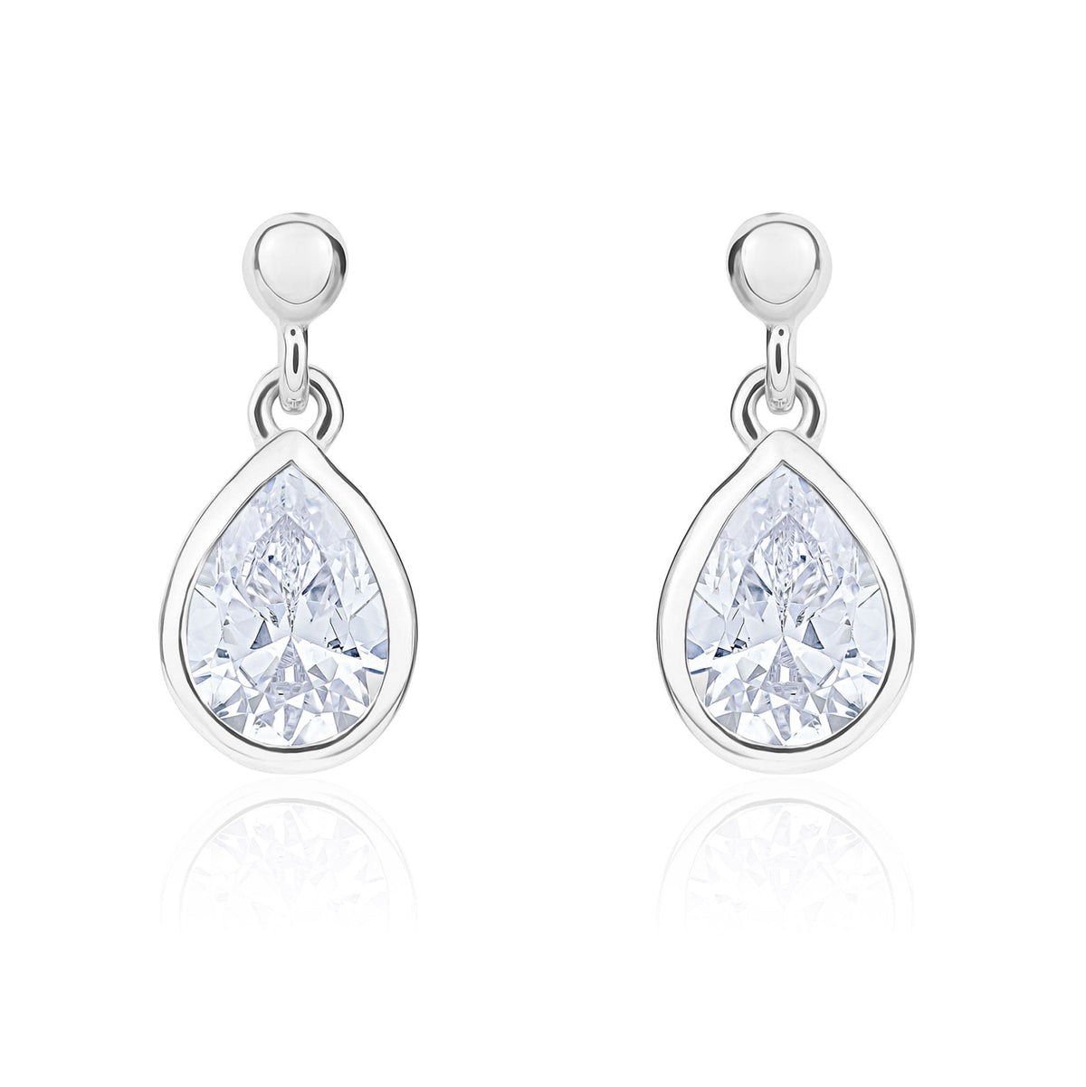 9ct White Gold Pear Shaped Cubic Zirconia CZ Rubover Drop Earrings with 2.5mm Bead Top — 6x4mm