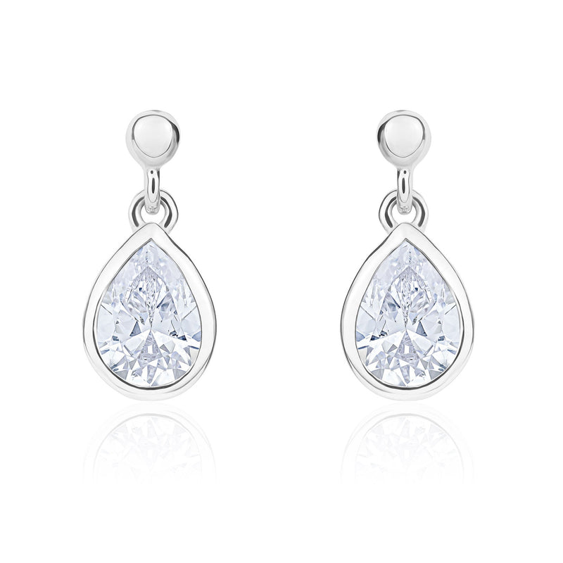 9ct White Gold Pear Shaped Cubic Zirconia CZ Rubover Drop Earrings with 2.5mm Bead Top — 6x4mm