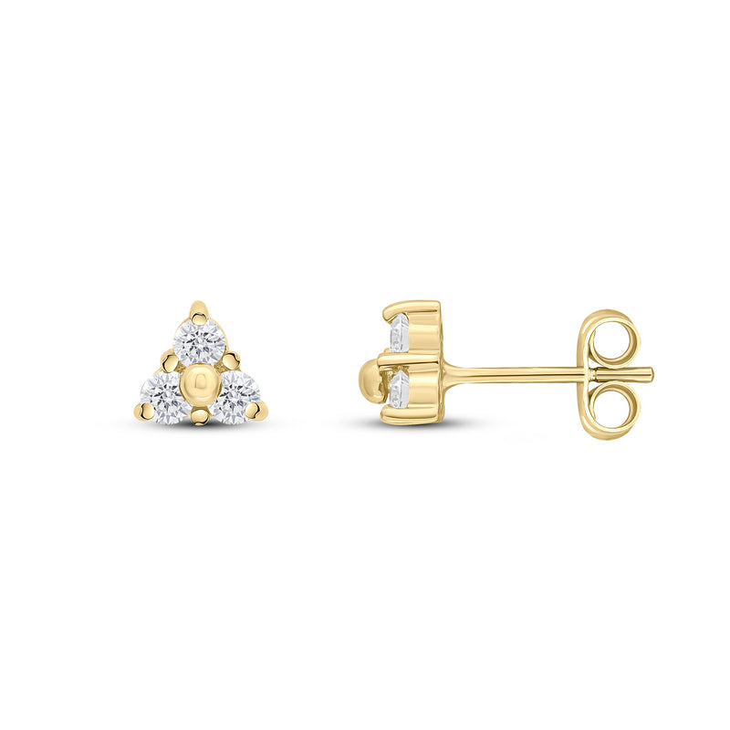 9ct Yellow Gold Round Cubic Zirconia CZ Trefoil Claw Stud Earrings