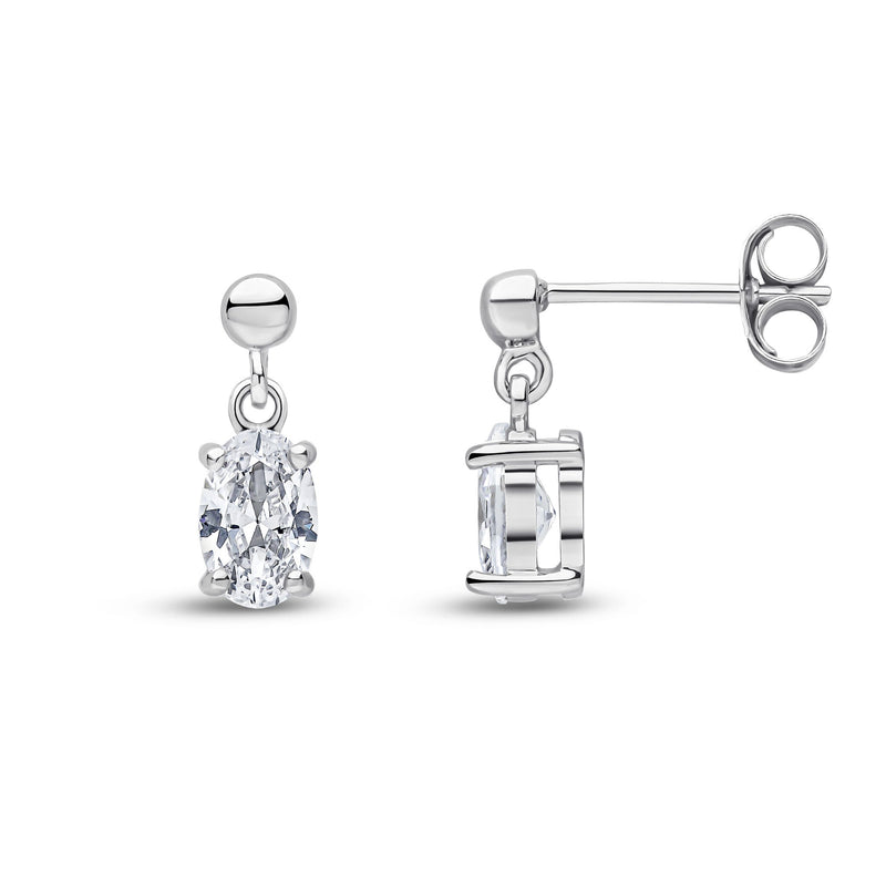 9ct White Gold Oval Cubic Zirconia CZ Claw Drop Earrings with Bead Top — 6x4mm