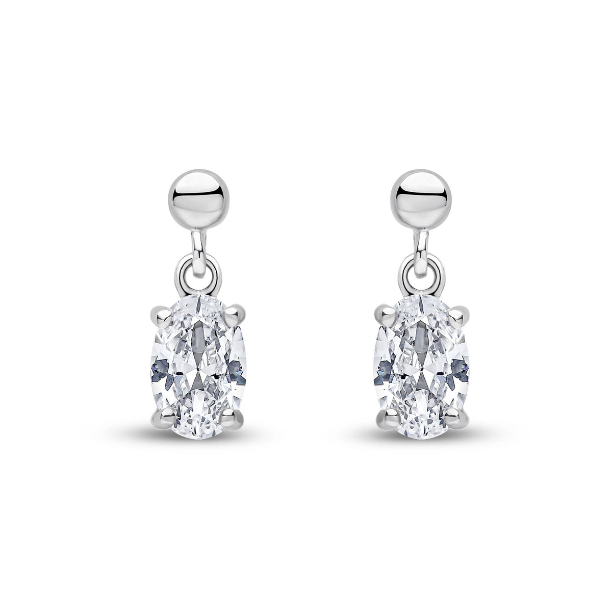 9ct White Gold Oval Cubic Zirconia CZ Claw Drop Earrings with Bead Top — 6x4mm