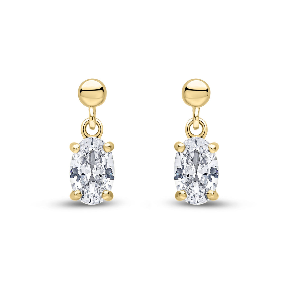 9ct Yellow Gold Oval Cubic Zirconia CZ Claw Drop Earrings with Bead Top — 6x4mm