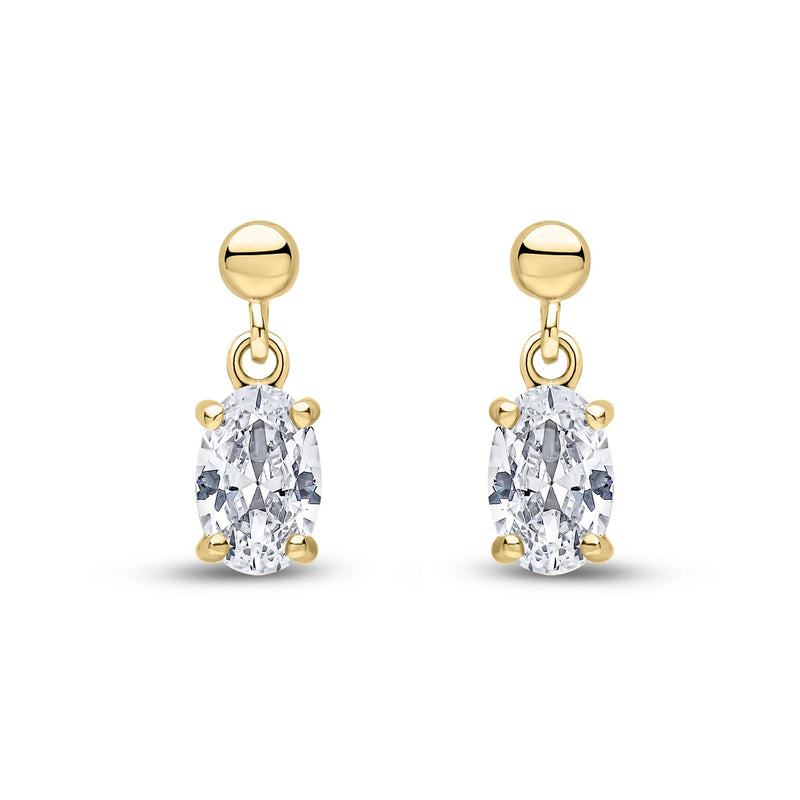 9ct Yellow Gold Oval Cubic Zirconia CZ Claw Drop Earrings with Bead Top — 6x4mm