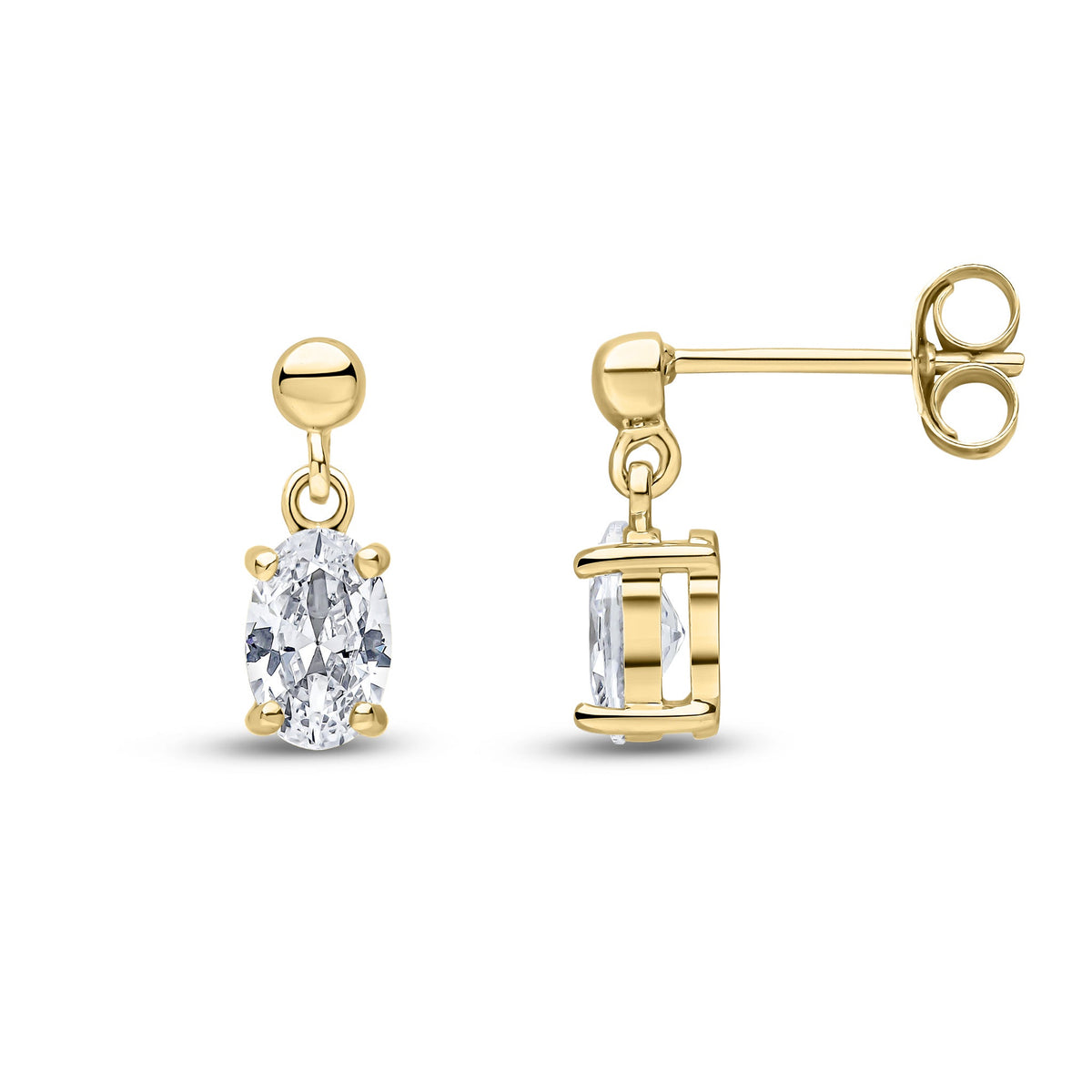 9ct Yellow Gold Oval Cubic Zirconia CZ Claw Drop Earrings with Bead Top — 6x4mm