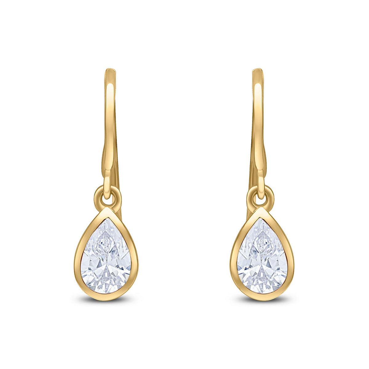 9ct Yellow Gold Pear Shaped Cubic Zirconia CZ Rubover Wire Hook Drop Earrings — 6x4mm