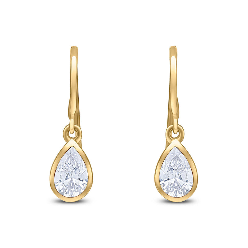 9ct Yellow Gold Pear Shaped Cubic Zirconia CZ Rubover Wire Hook Drop Earrings — 6x4mm