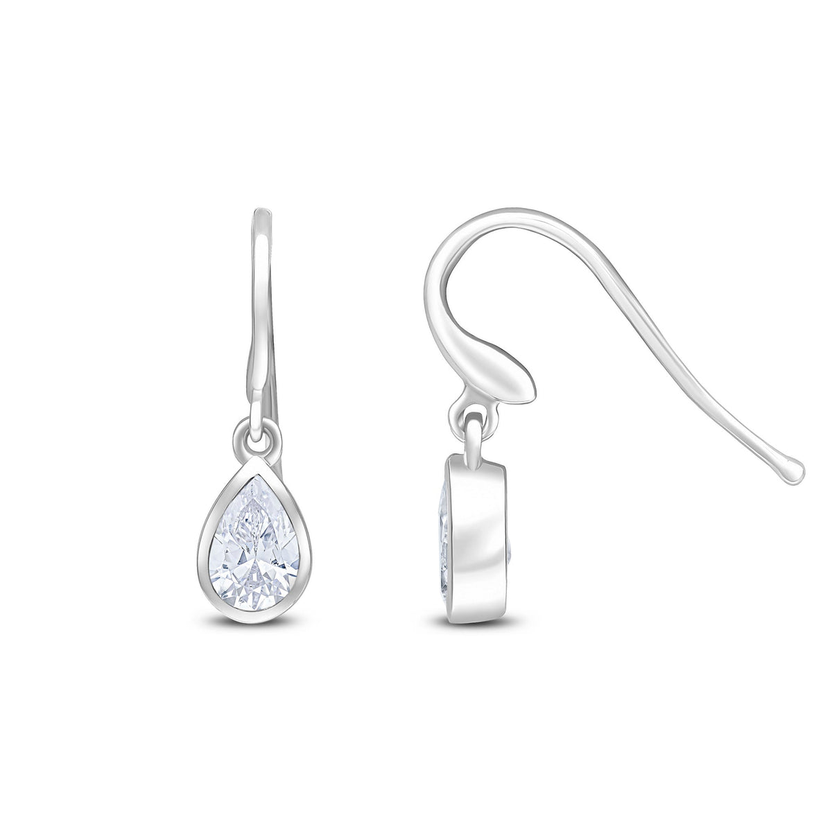 9ct White Gold Pear Shaped Cubic Zirconia CZ Rubover Wire Hook Drop Earrings — 6x4mm