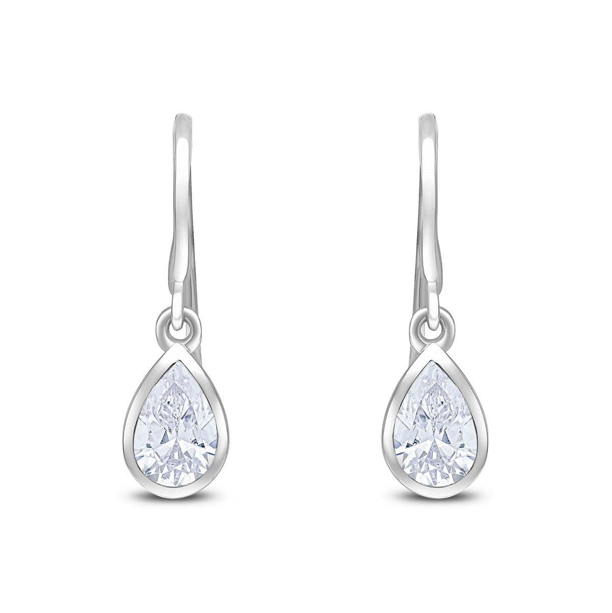 9ct White Gold Pear Shaped Cubic Zirconia CZ Rubover Wire Hook Drop Earrings — 6x4mm