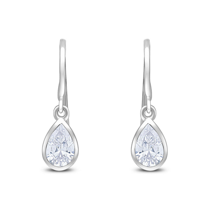 9ct White Gold Pear Shaped Cubic Zirconia CZ Rubover Wire Hook Drop Earrings — 6x4mm