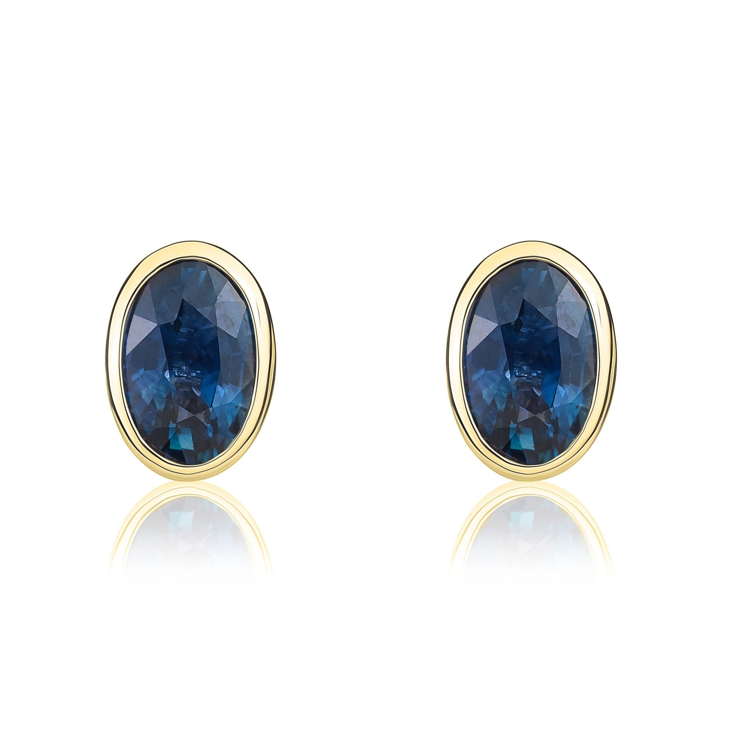 9ct Yellow Gold Oval Natural Sapphire Rubover Stud Earrings — 6x4mm