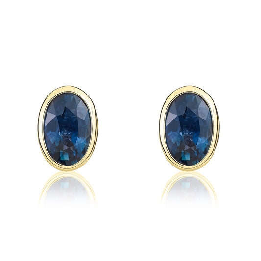 9ct Yellow Gold Oval Natural Sapphire Rubover Stud Earrings — 6x4mm