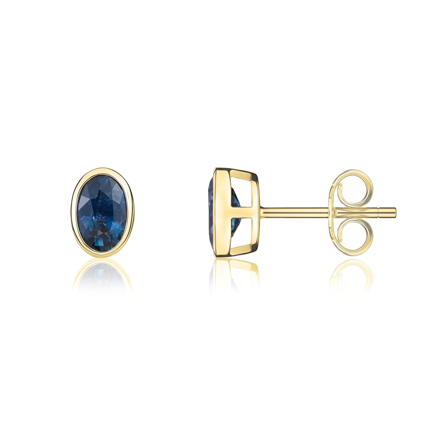9ct Yellow Gold Oval Natural Sapphire Rubover Stud Earrings — 6x4mm