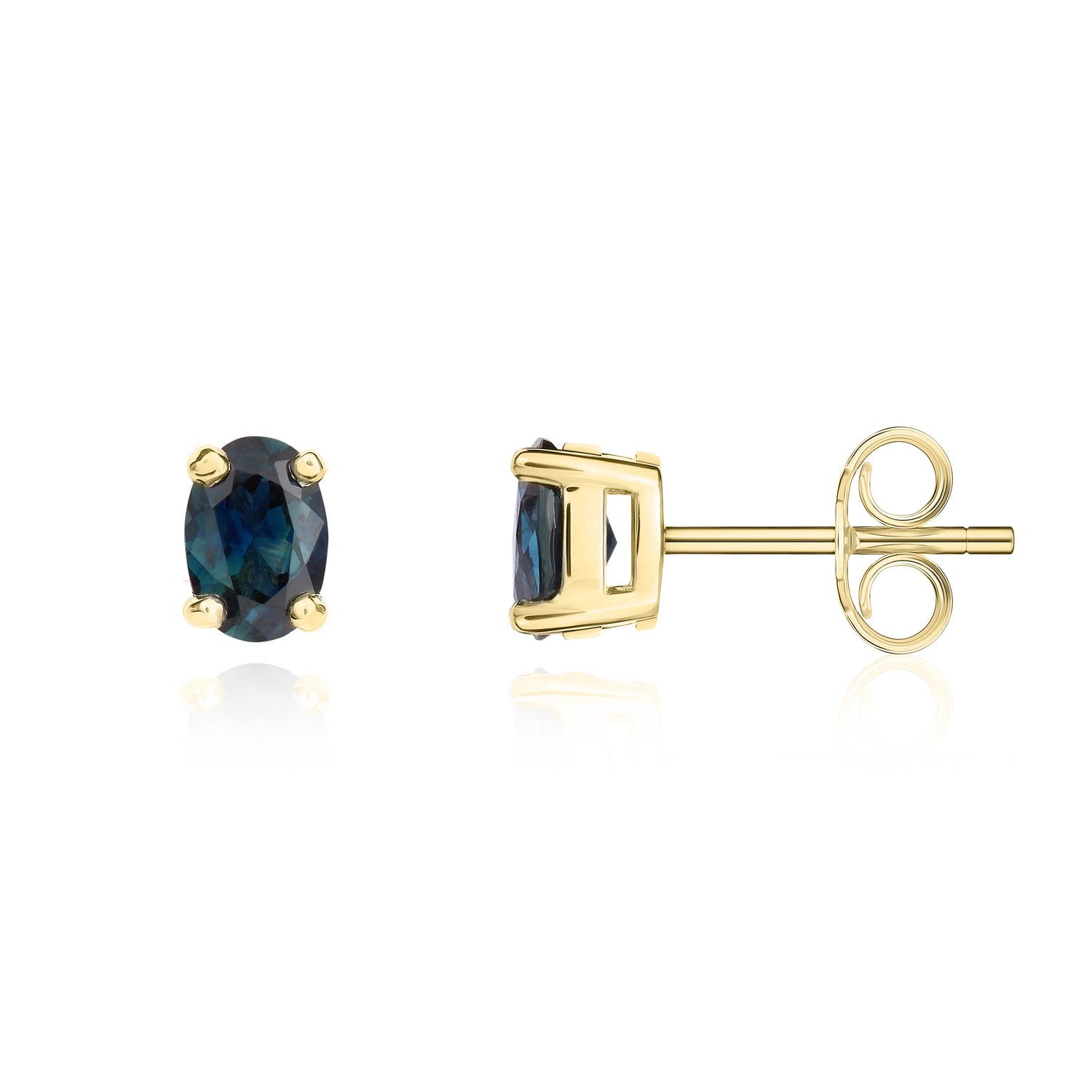 9ct Yellow Gold Oval Natural Blue Sapphire Stud Earrings — 6x4mm