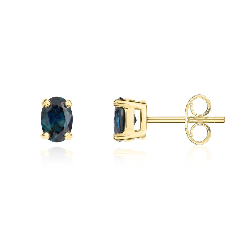 9ct Yellow Gold Oval Natural Blue Sapphire Stud Earrings — 6x4mm