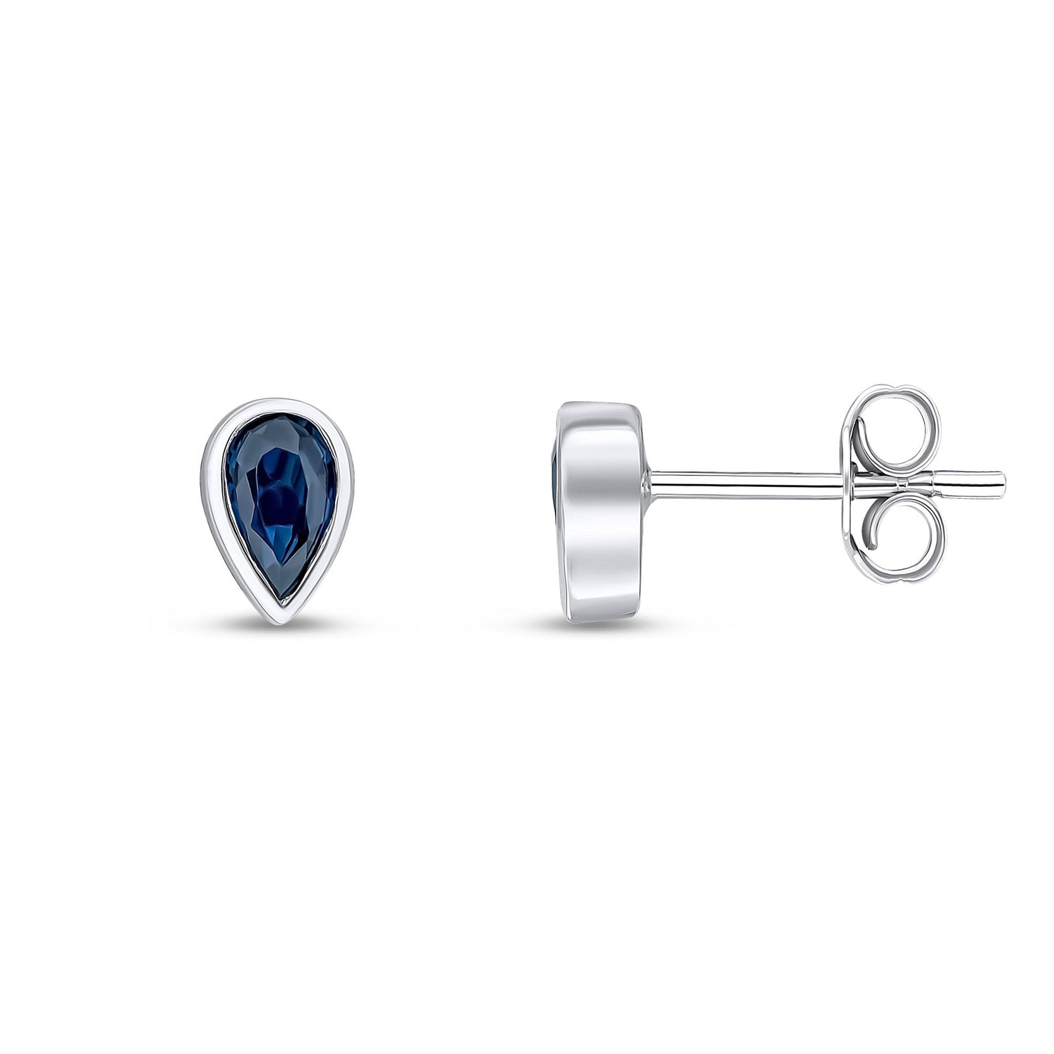 9ct White Gold Pear Shaped Natural Blue Sapphire Rubover Stud Earrings — 5x3mm