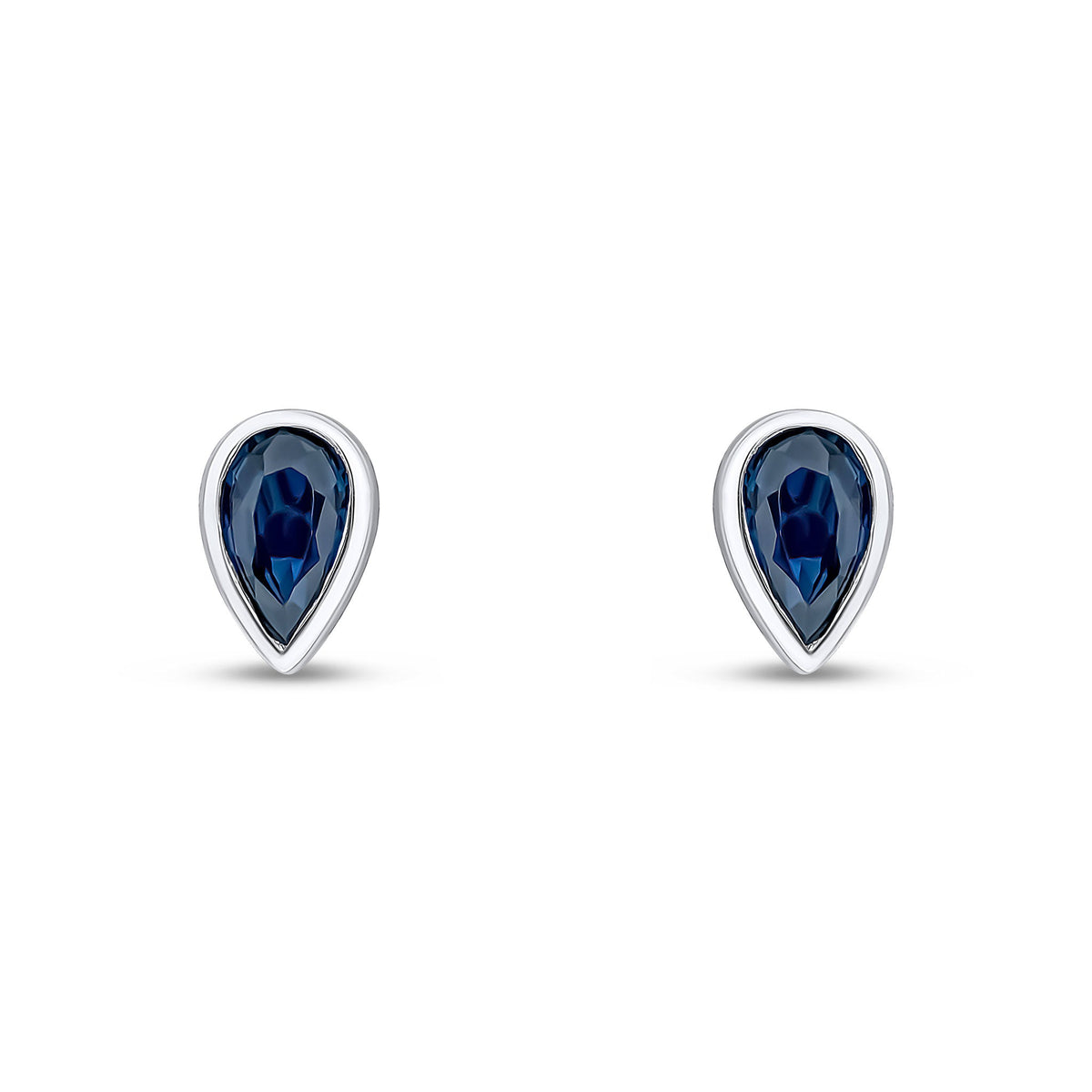 9ct White Gold Pear Shaped Natural Blue Sapphire Rubover Stud Earrings — 5x3mm