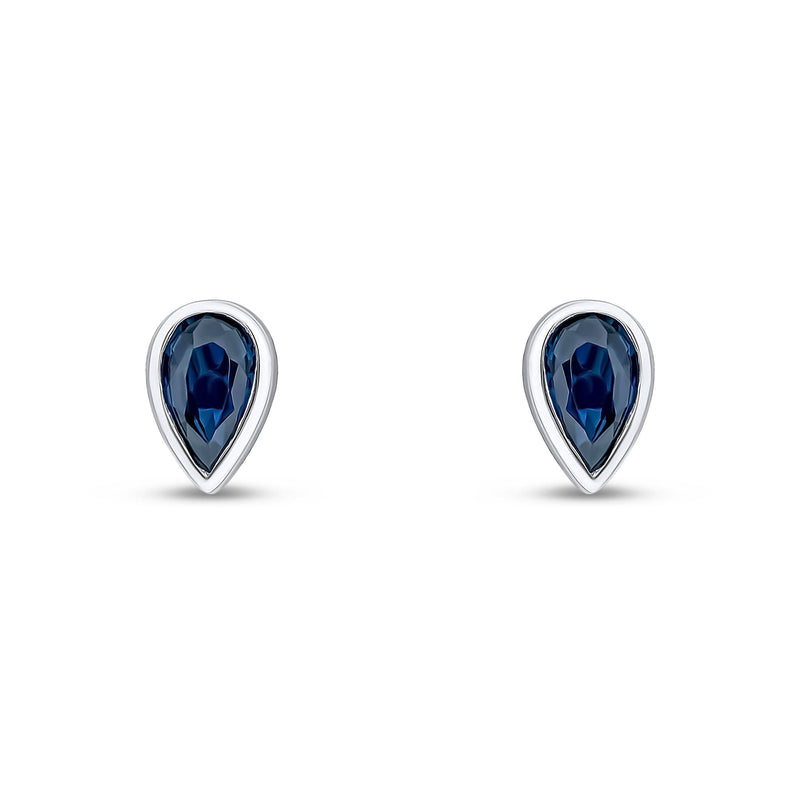 9ct White Gold Pear Shaped Natural Blue Sapphire Rubover Stud Earrings — 5x3mm