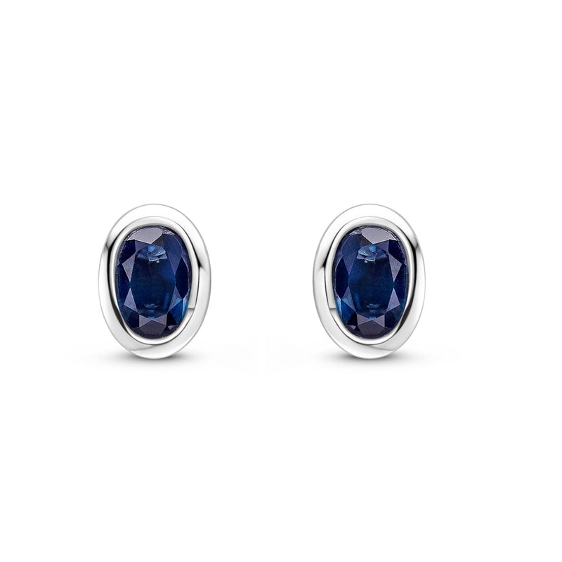 9ct White Gold Oval Natural Sapphire Rubover Stud Earrings — 4x3mm