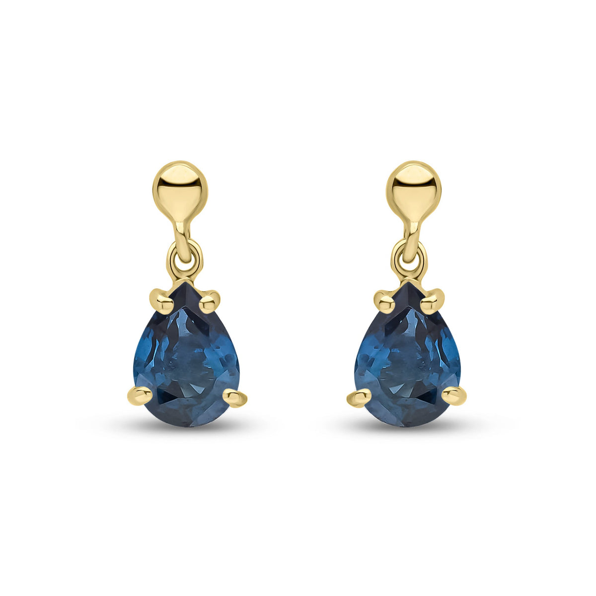 9ct Yellow Gold Pear Shaped Natural Sapphire Claw Drop Earrings — 7x5mm