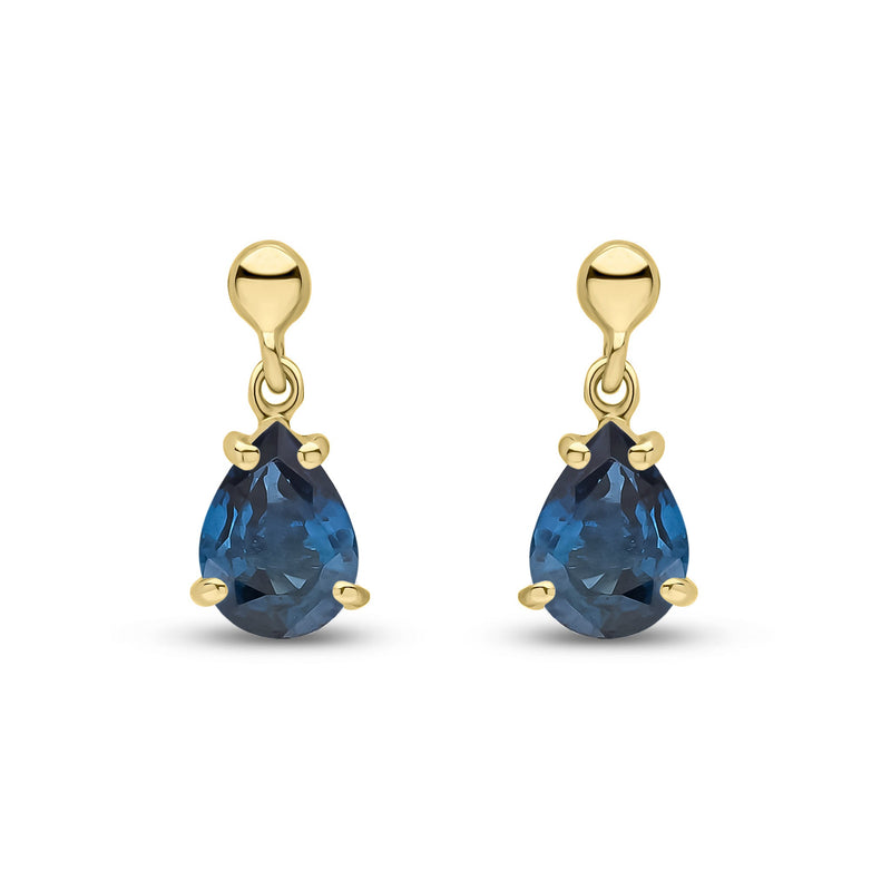 9ct Yellow Gold Pear Shaped Natural Sapphire Claw Drop Earrings — 7x5mm