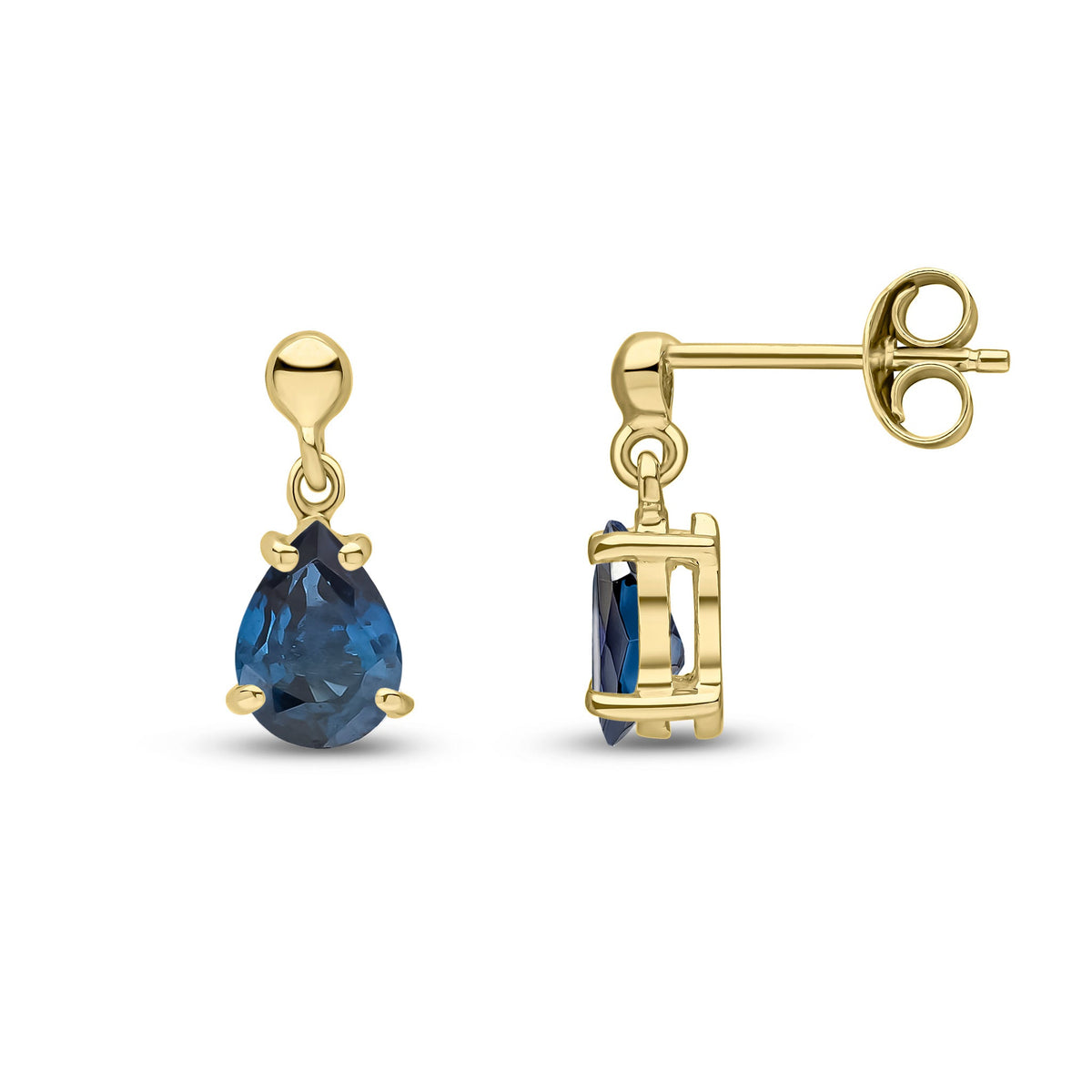 9ct Yellow Gold Pear Shaped Natural Sapphire Claw Drop Earrings — 7x5mm