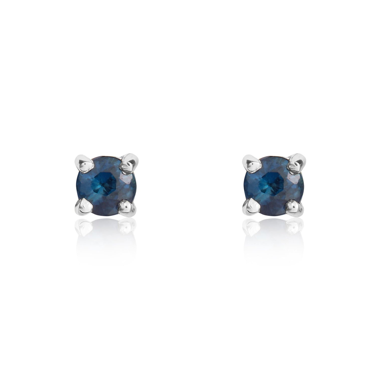 9ct White Gold Round Natural Sapphire Four Claw Stud Earrings — 3mm