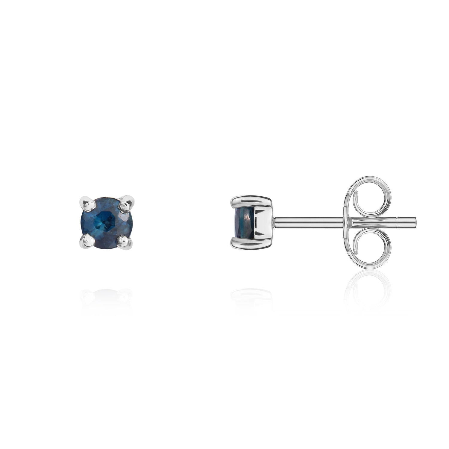 9ct White Gold Round Natural Sapphire Four Claw Stud Earrings — 3mm