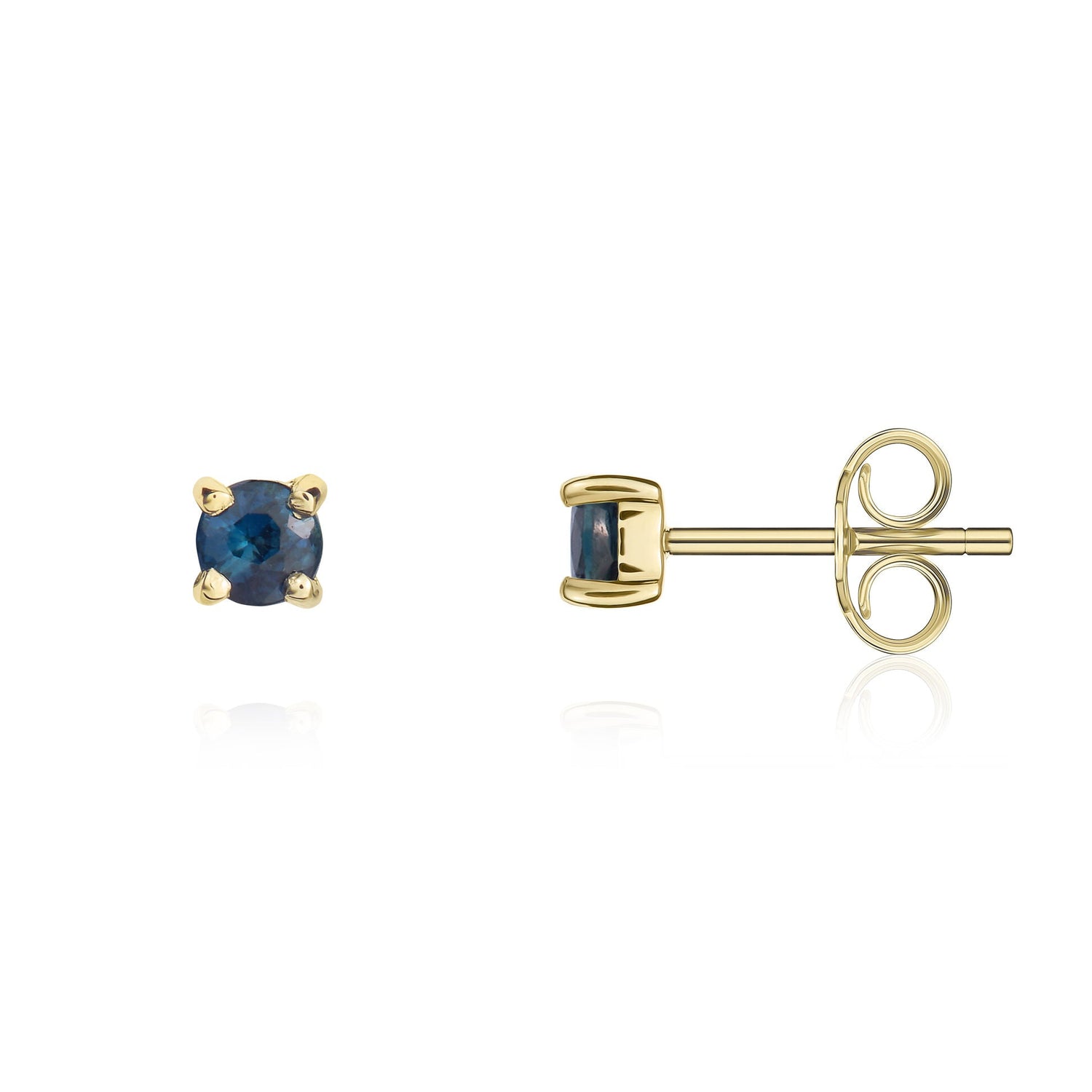 9ct Yellow Gold Round Natural Blue Sapphire Claw Stud Earrings — 3mm