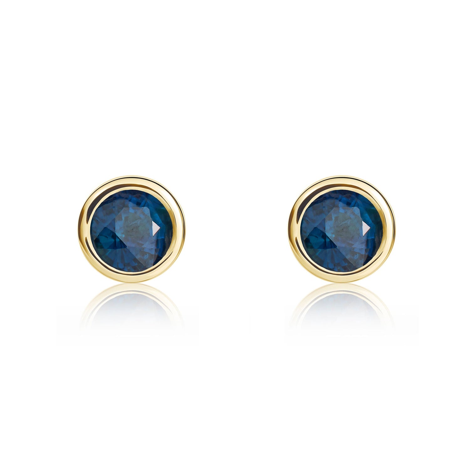 9ct Yellow Gold Round Natural Sapphire Rubover Stud Earrings — 4mm
