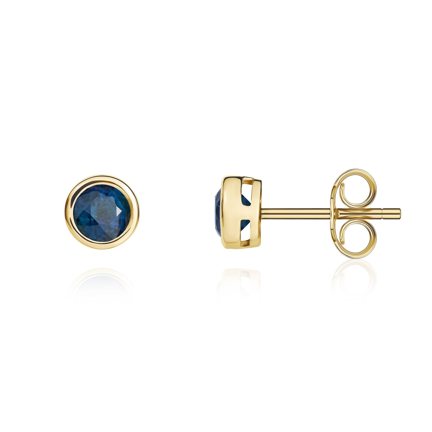 9ct Yellow Gold Round Natural Sapphire Rubover Stud Earrings — 4mm